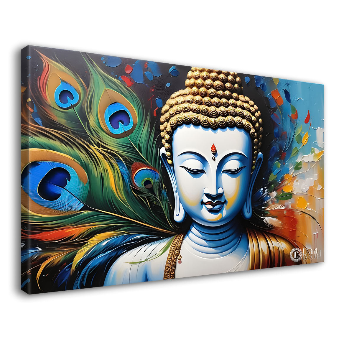 Golden buddha with peacock feather and orange textured background painting Canvas Wall Painting - Buddha-364