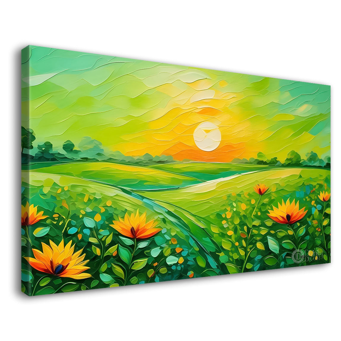 Yellow flowers  with sunrise and green background canvas painting- Flower-364