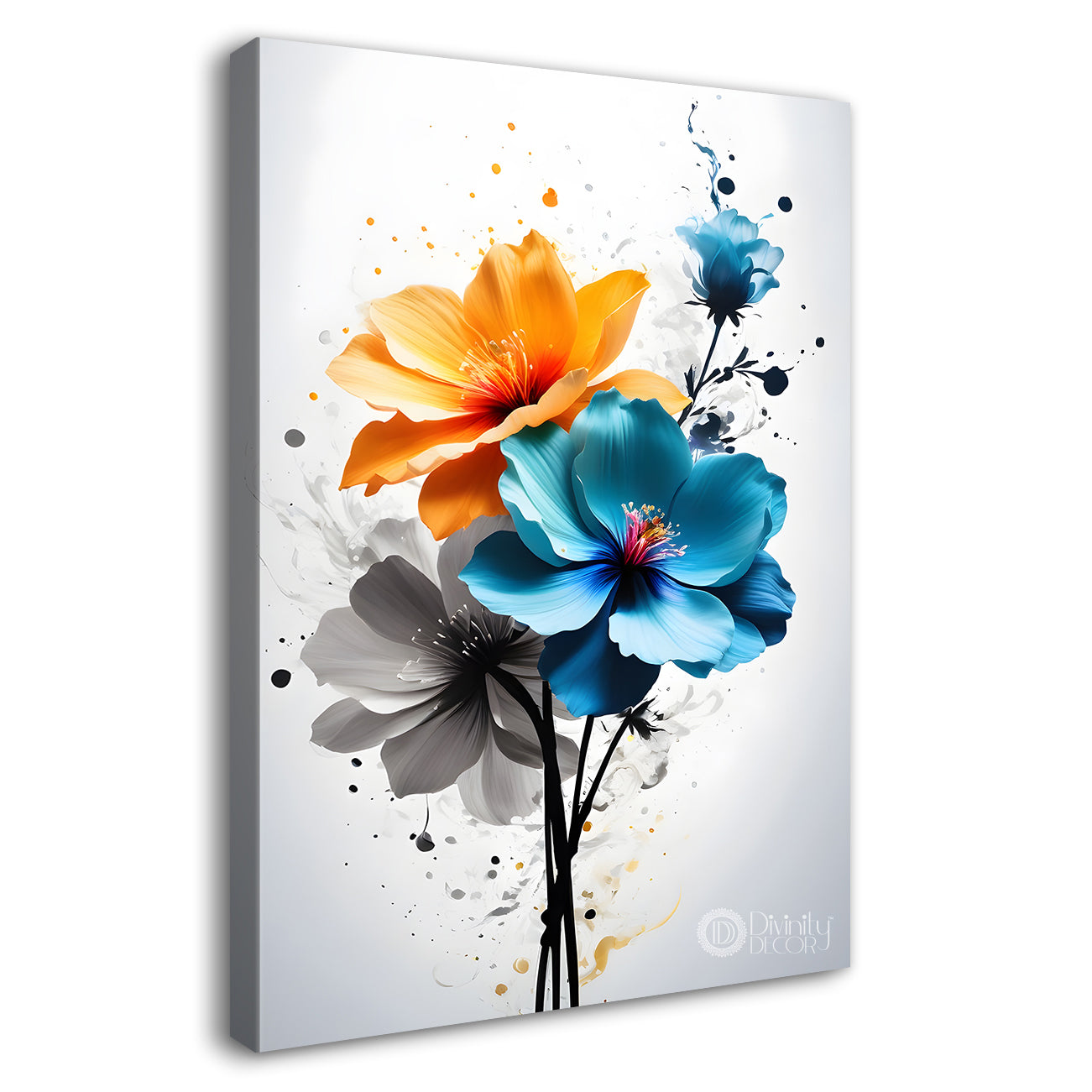 Orange and blue in dark textured background painting- Flower-V-364