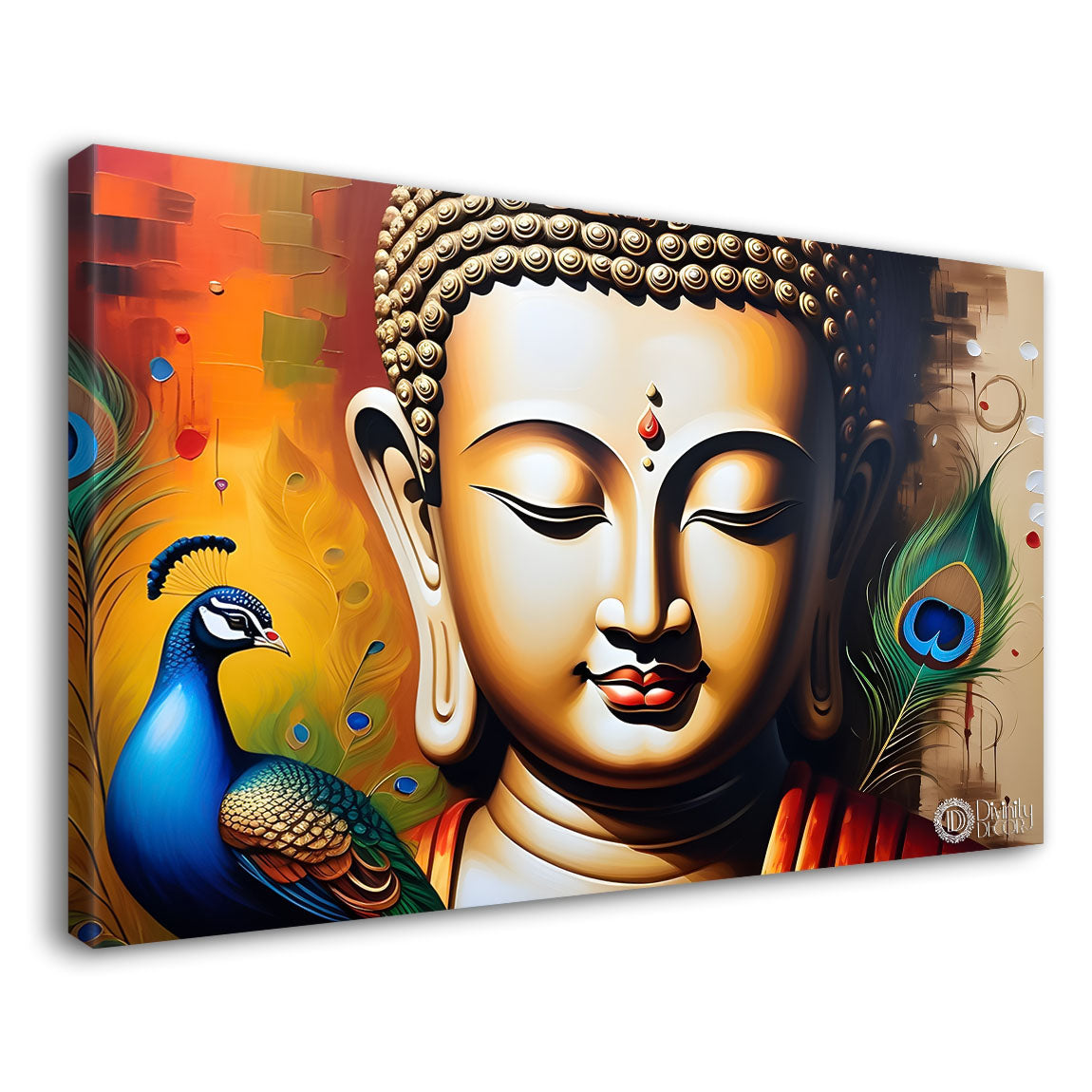 Golden buddha with peacock feather and orange textured background painting Canvas Wall Painting - Buddha-365