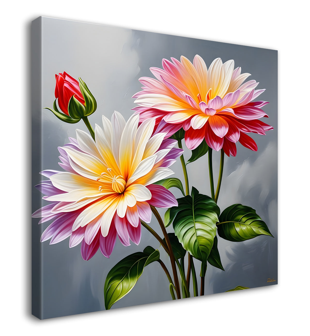 Pink flowers in grey textured painting    Flower-S-365