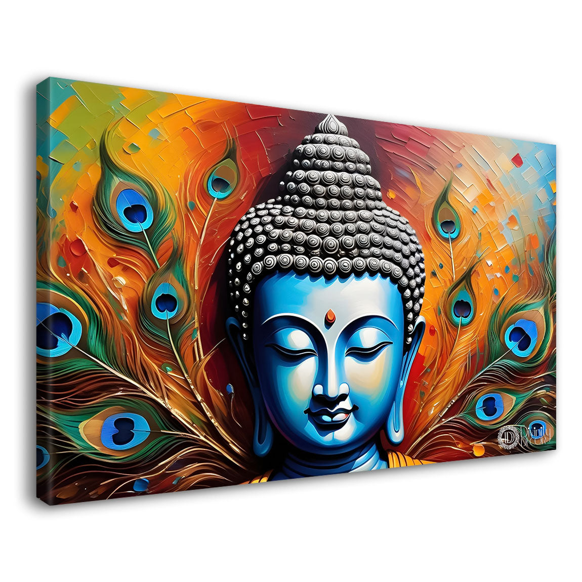 Golden buddha with peacock feather and orange textured background painting Canvas Wall Painting - Buddha-366