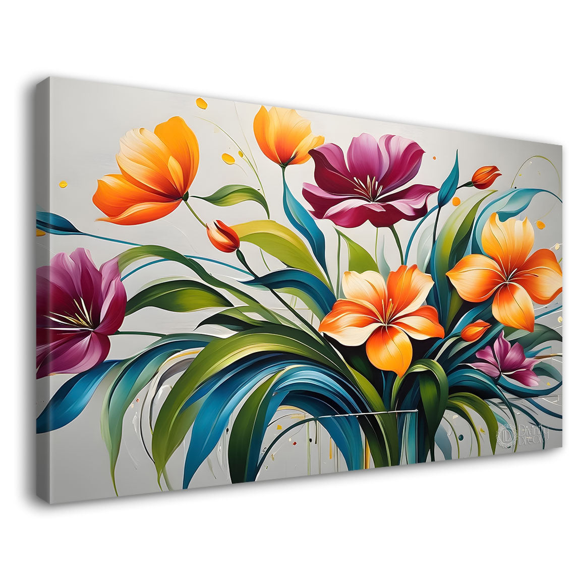 Colorful flowers in grey background canvas painting- Flower-366