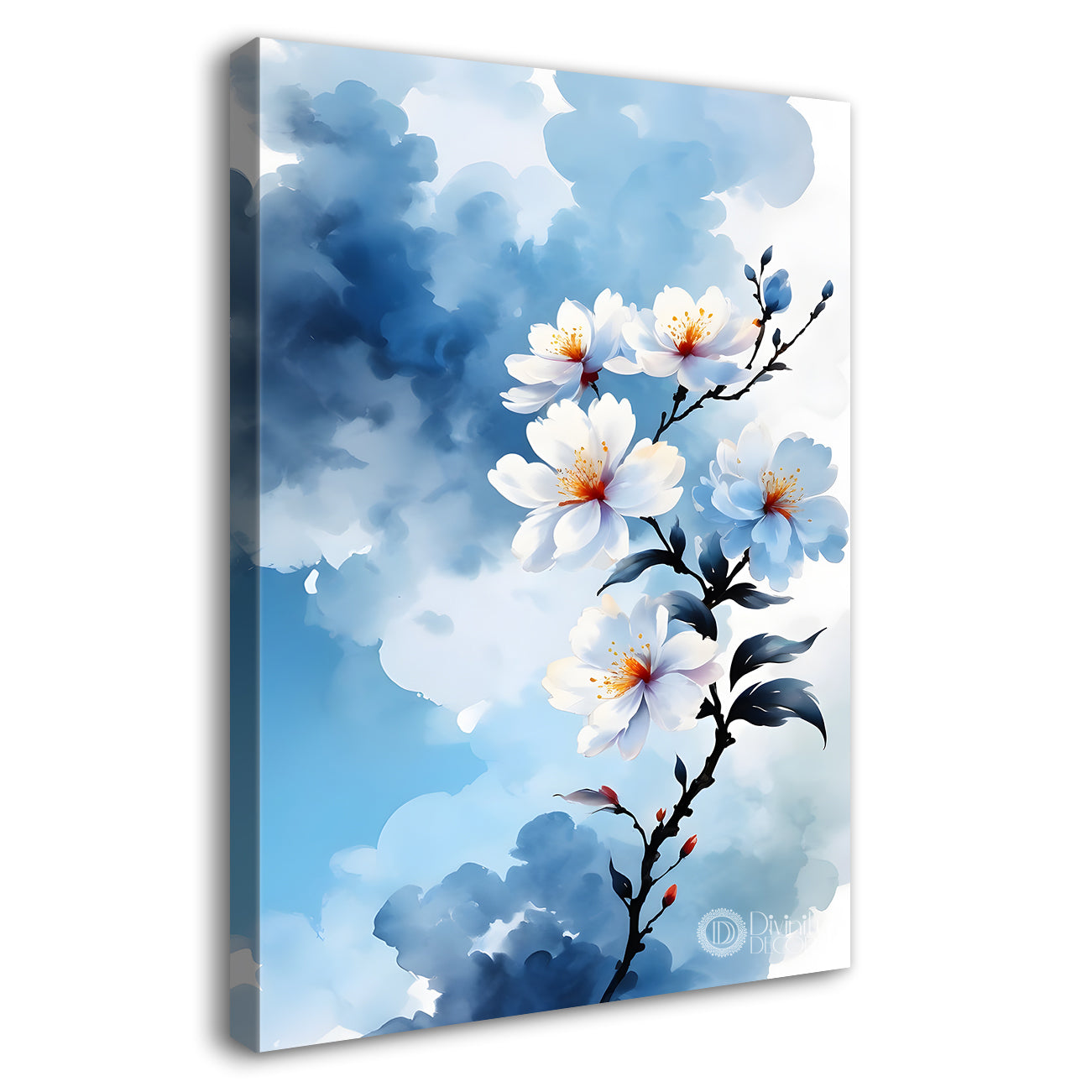 White flowers in cloudy textured background painting- Flower-V-366