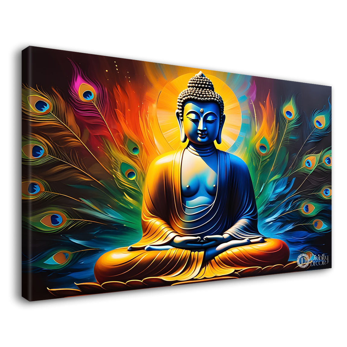 Golden buddha with peacock feather and orange textured background painting Canvas Wall Painting - Buddha-367