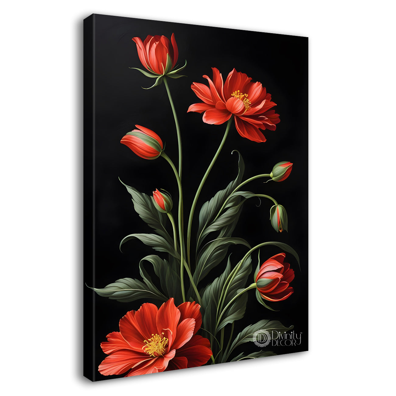 Red flowers in dark textured background painting- Flower-V-367