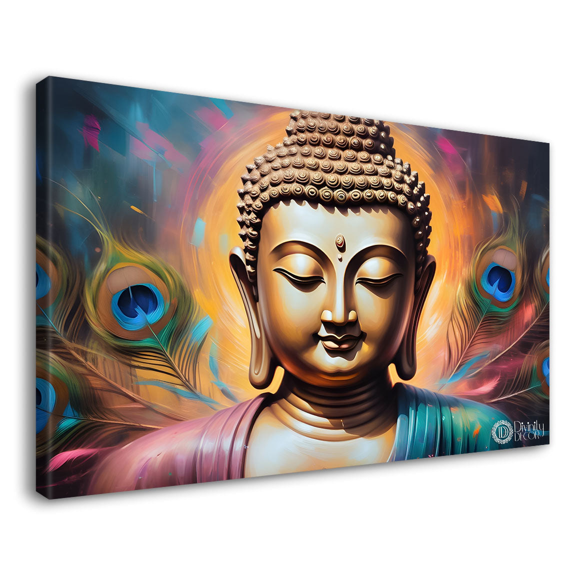 Golden buddha with peacock feather and yellow textured background painting Canvas Wall Painting - Buddha-368