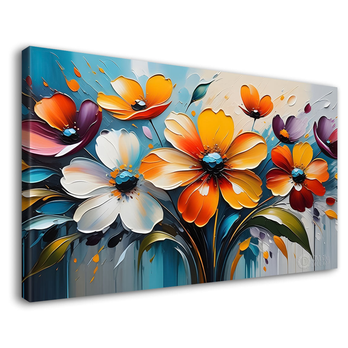 White and orange flowers in blue background canvas painting- Flower-368