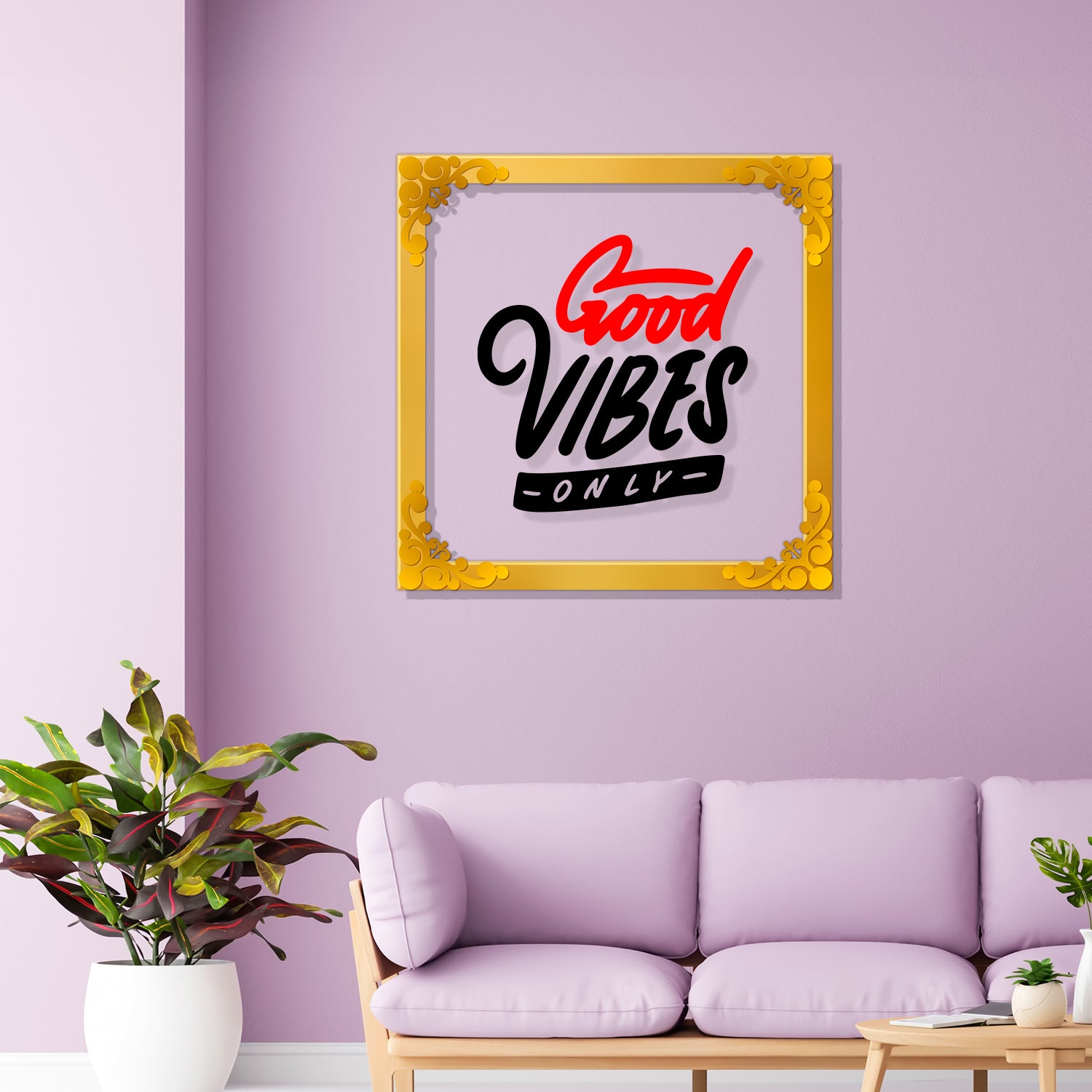 Good vibes Golden Plaque for Gifting, Wall Decor Clear UV print with Golden Border-36