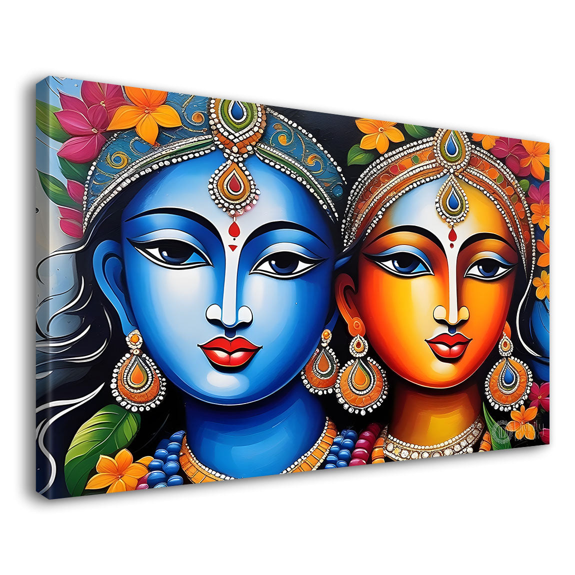 Blue face Krishna and Radha in bright textured painting Canvas Painting - Design - Krishna-36