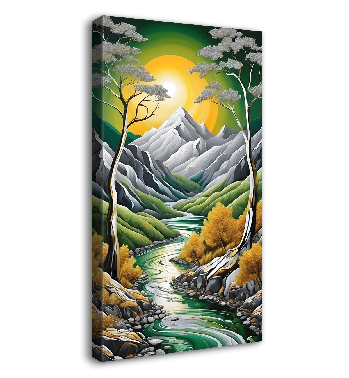 Grey mountains with trees in green background with sunrise textured painting Canvas Painting - Nature Art -V-36
