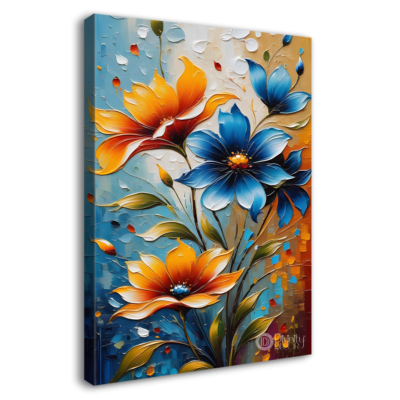 Orange and blue flowers in colourful textured background painting - Flower-V-36