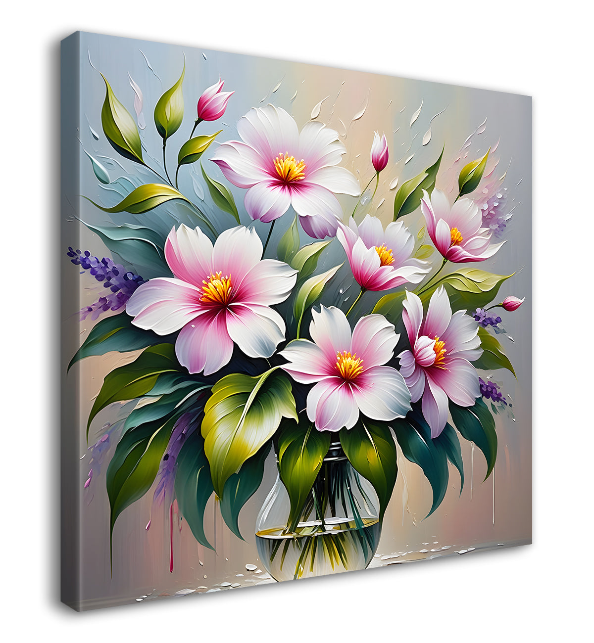 Pink flowers in blue background textured painting - Flower-S-36