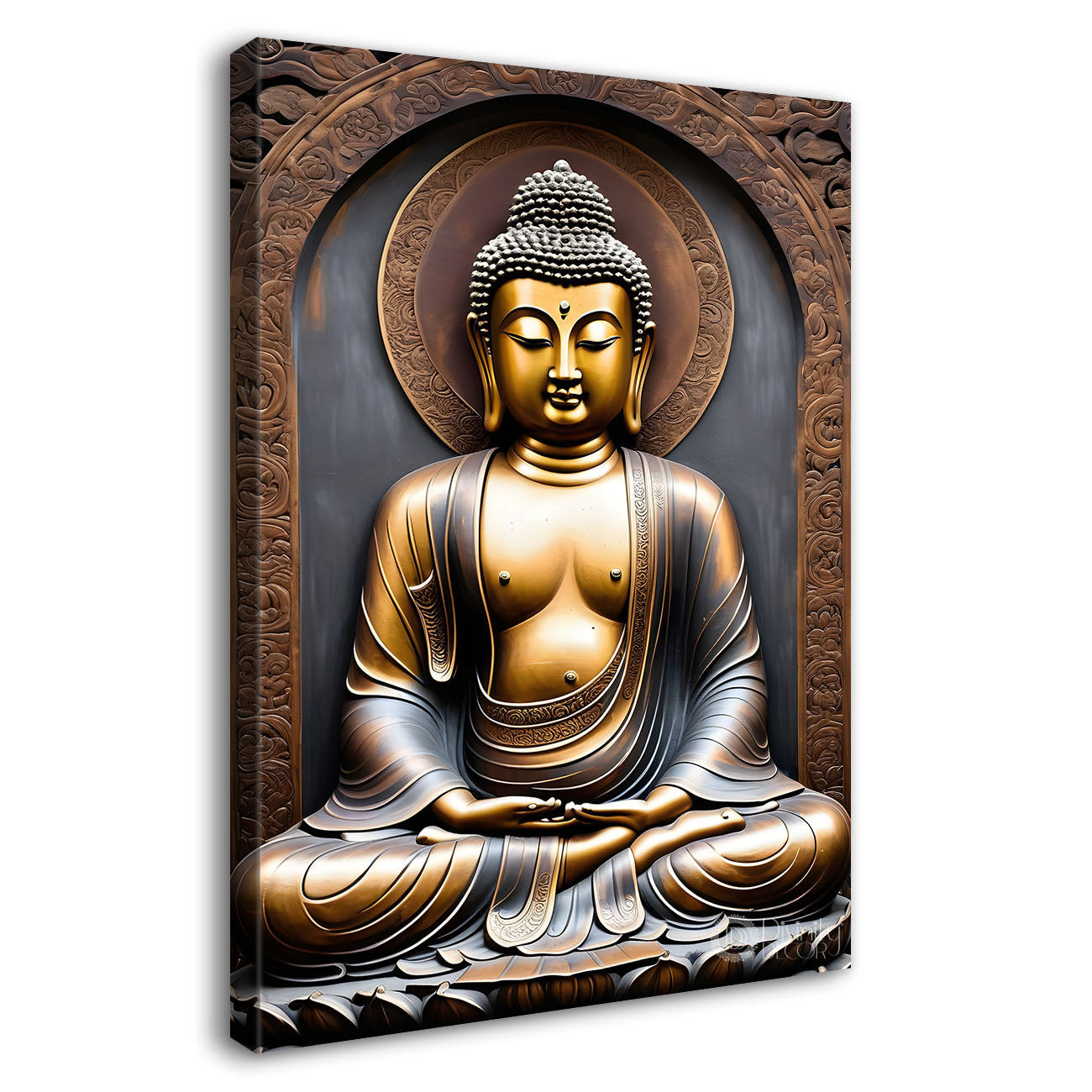 Golden buddha with grey background textured painting - Buddha-V-36