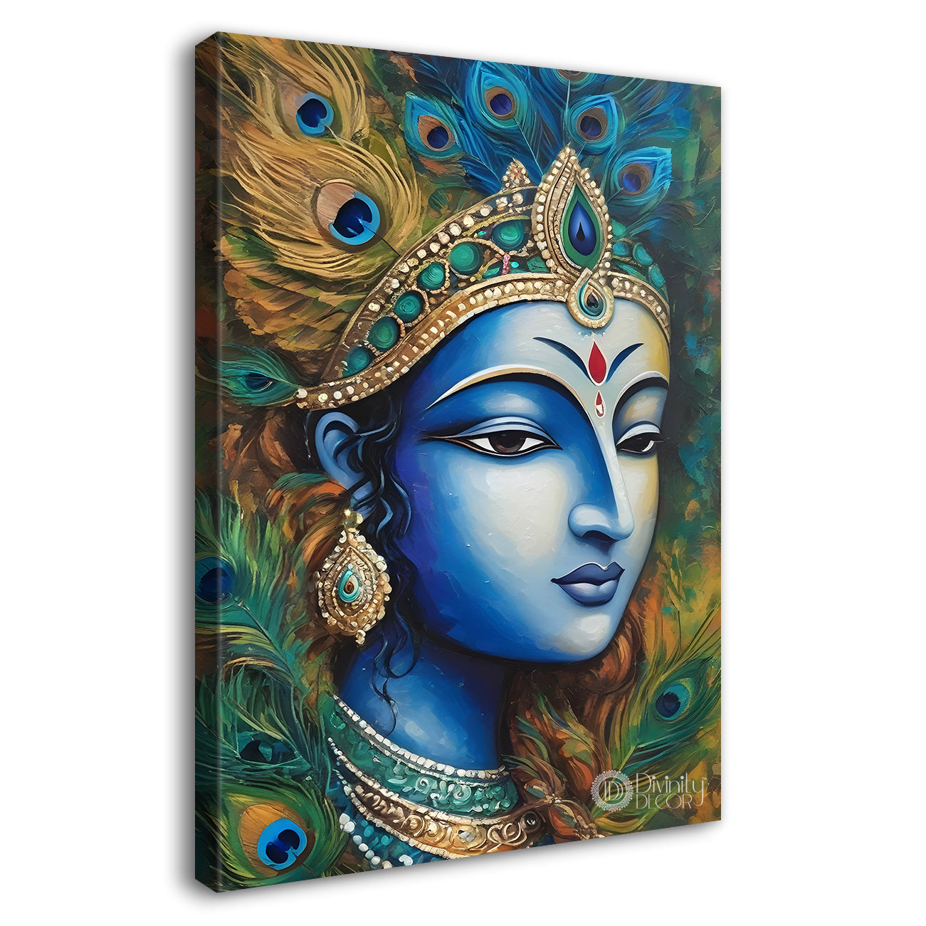 Blue face of krishna in peacock feathers background textured art Canvas Painting - Design - Krishna-V-36