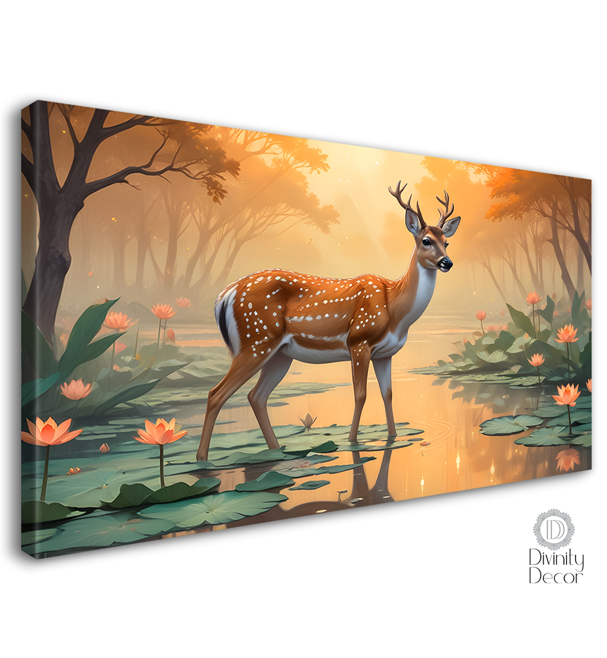 Deer with trees and lotus in sunlight textured art.- Design - Animal -36