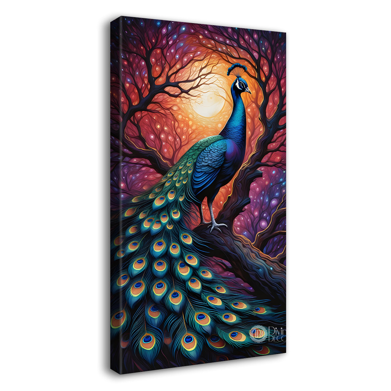 Peacock on branch in front of moon with sunset background modern art painting  - Design - Peacock-V-36