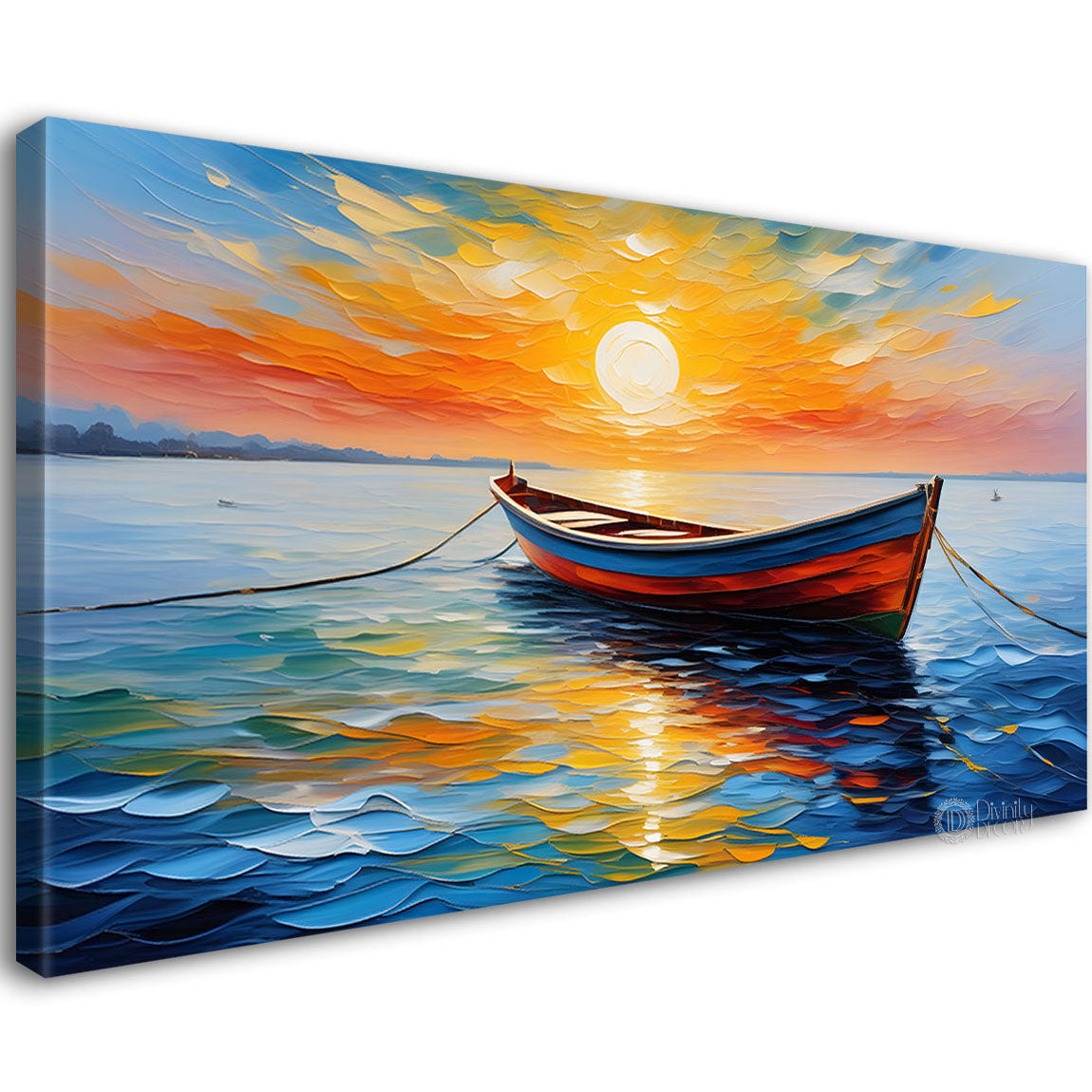 Boat in sea with sunrise background textured modern art canvas painting - Design - River-36