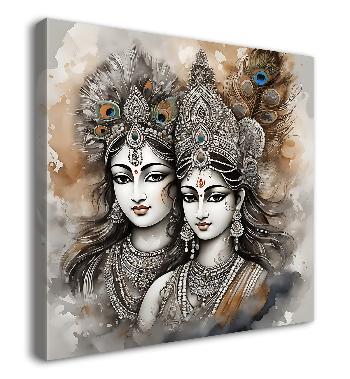Krishna and radha with grey and bown textured oil painting Canvas Painting 24X24- Design - Krishna-S-36