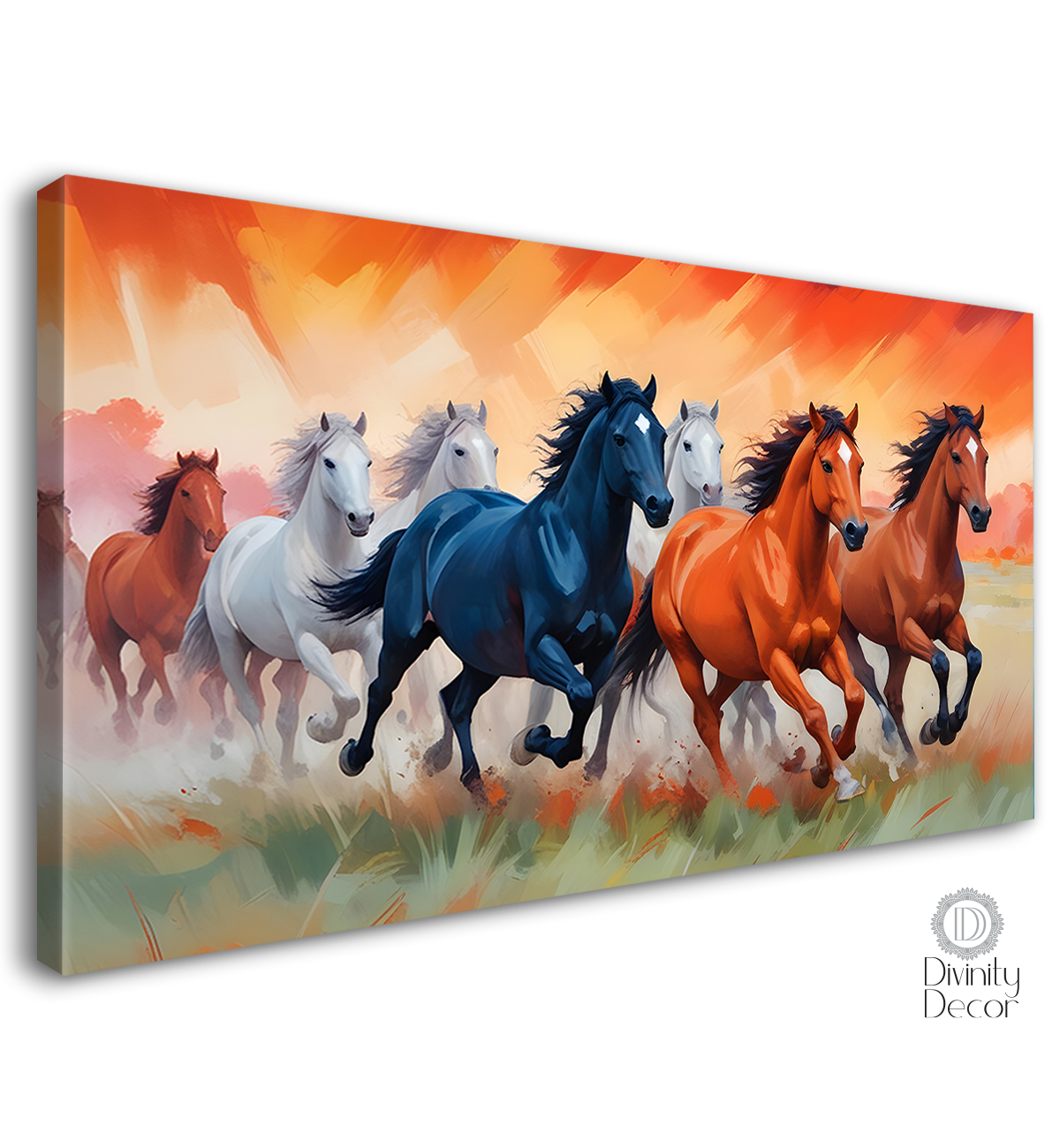 Brown, white and blue running horses on the field in orange textured background art Canvas Painting - Design - Horse-37