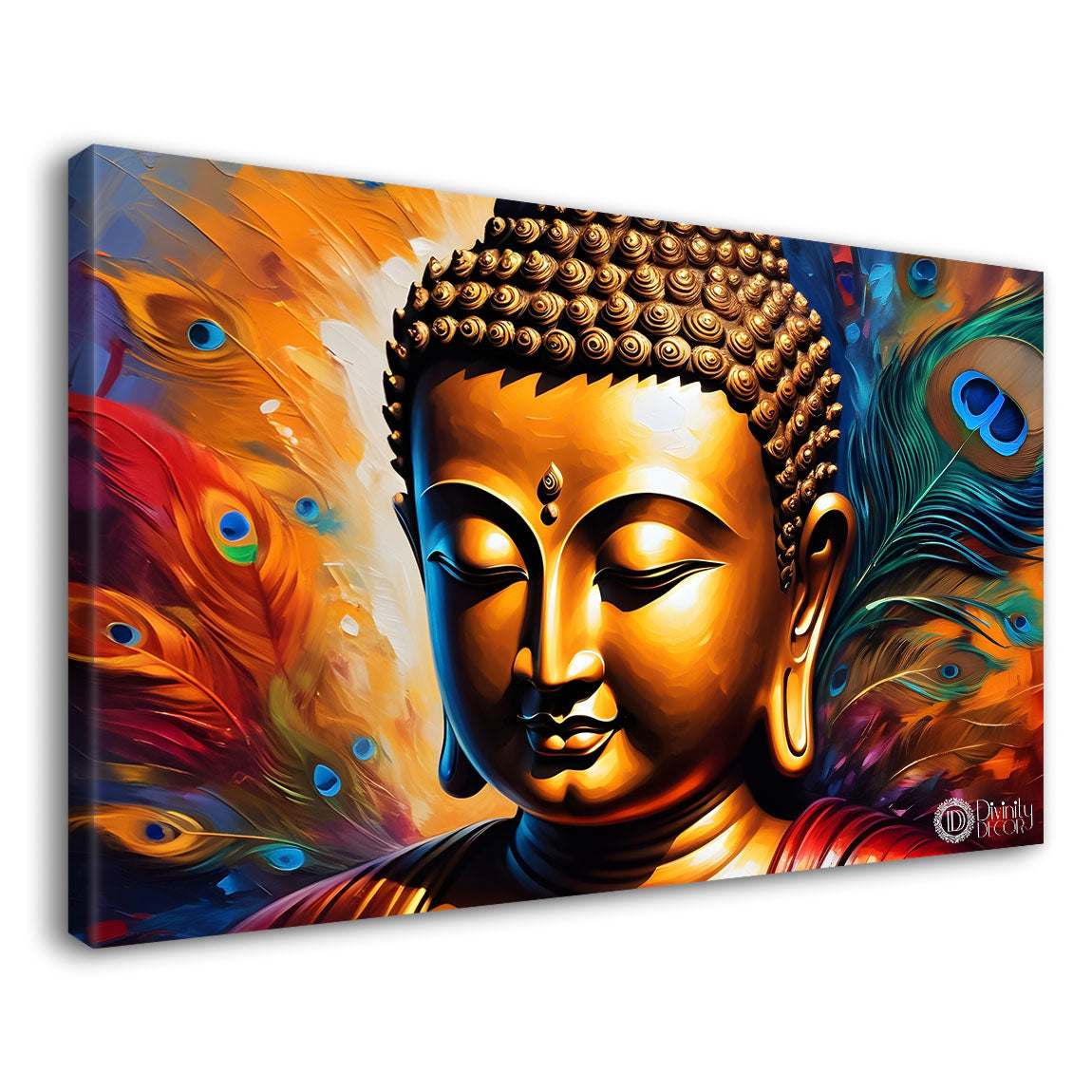 Golden buddha with peacock feather and orange textured background painting Canvas Wall Painting - Buddha-370