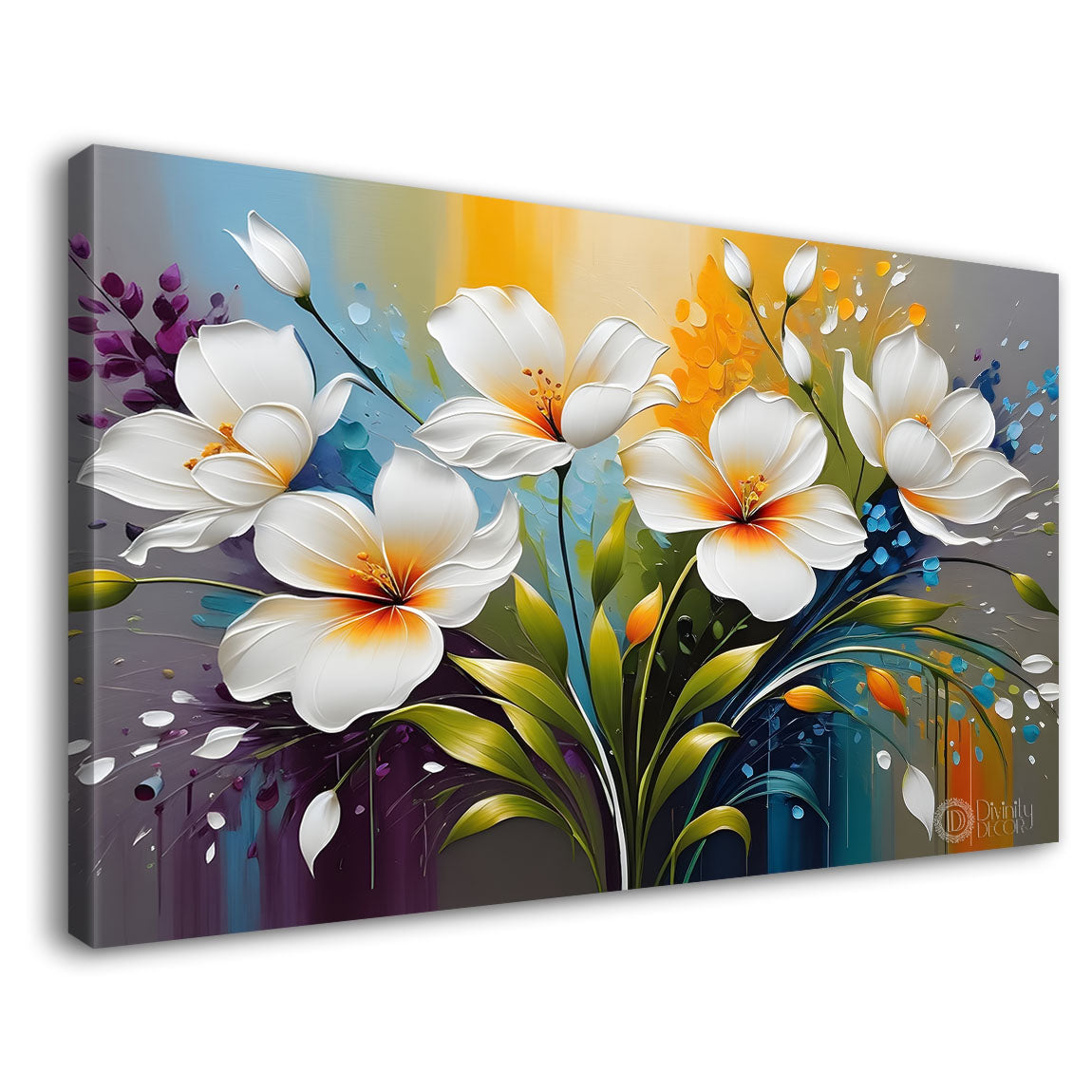 White flowers with colorful background canvas painting- Flower-370