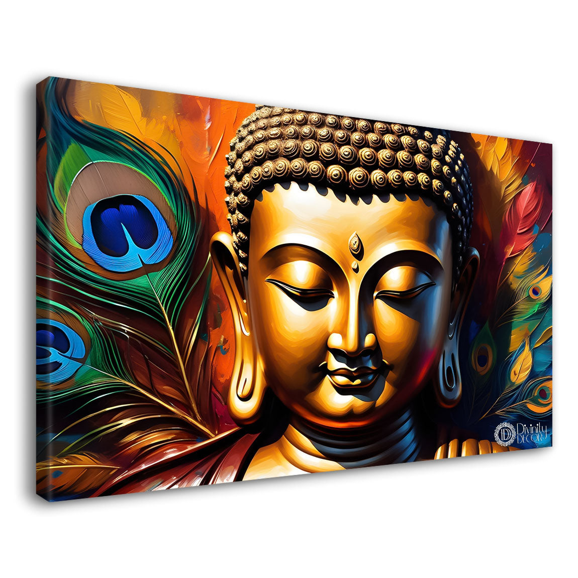 Golden buddha with peacock feather and orange textured background painting Canvas Wall Painting - Buddha-371