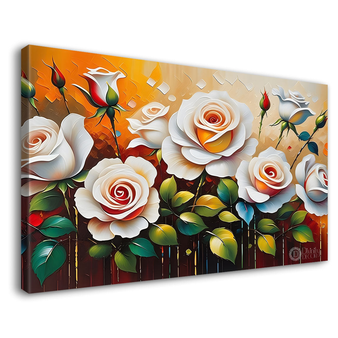 White flowers in orange background canvas painting- Flower-371