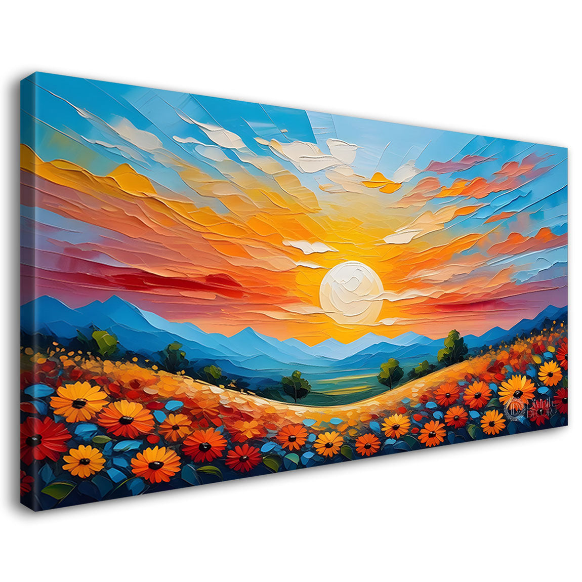 Mountains with flowers and sunset painting Canvas Painting - Nature Art -371