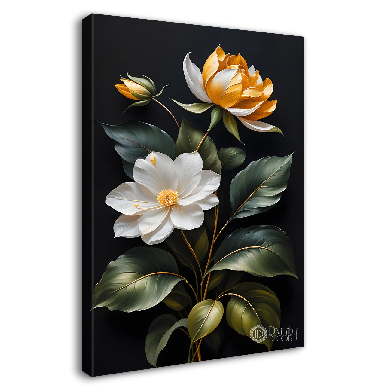 Yellow and white in dark textured background painting- Flower-V-371