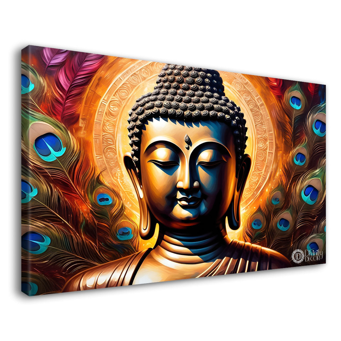 Golden buddha with peacock feather and orange textured background painting Canvas Wall Painting - Buddha-372