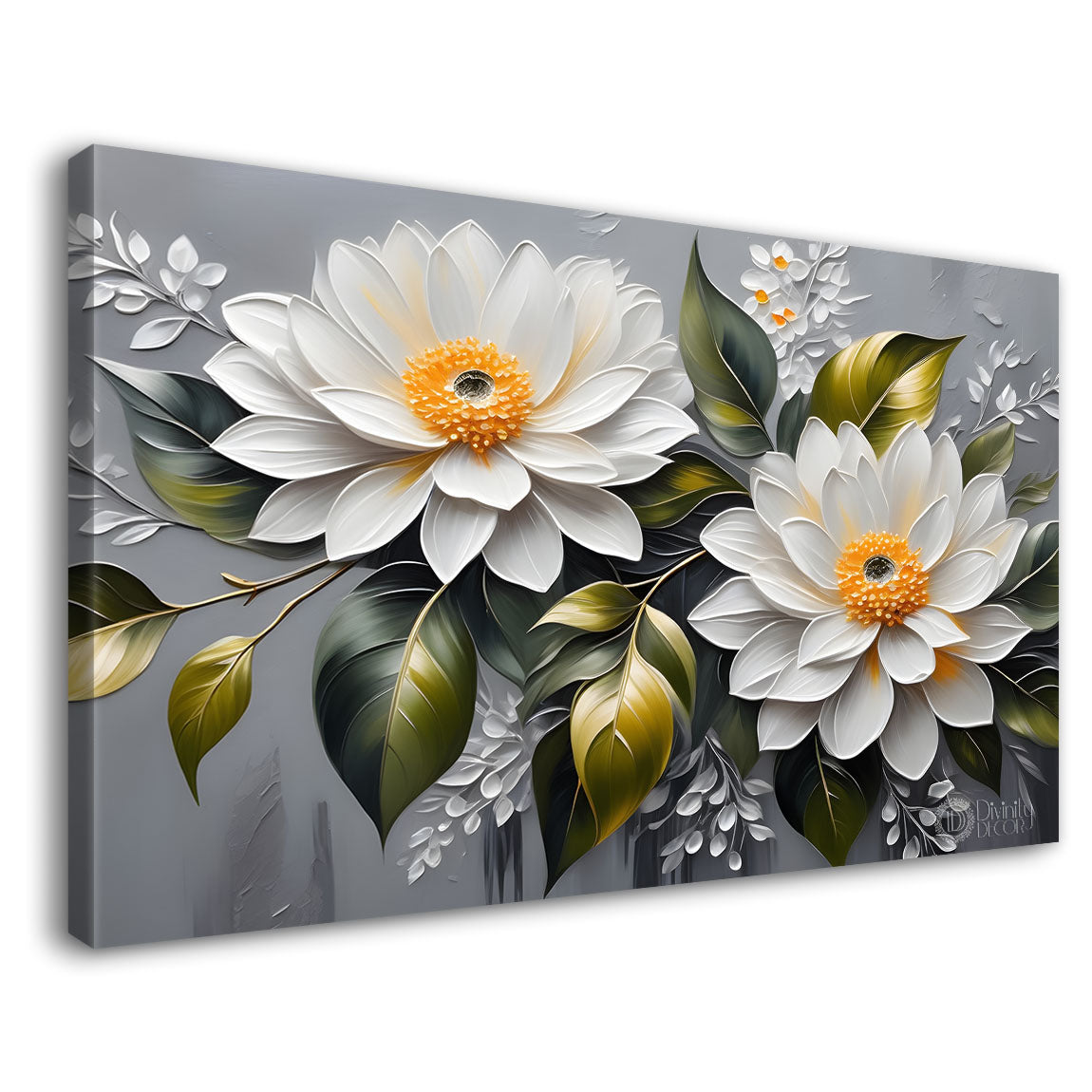 White flowers in grey background canvas painting- Flower-372