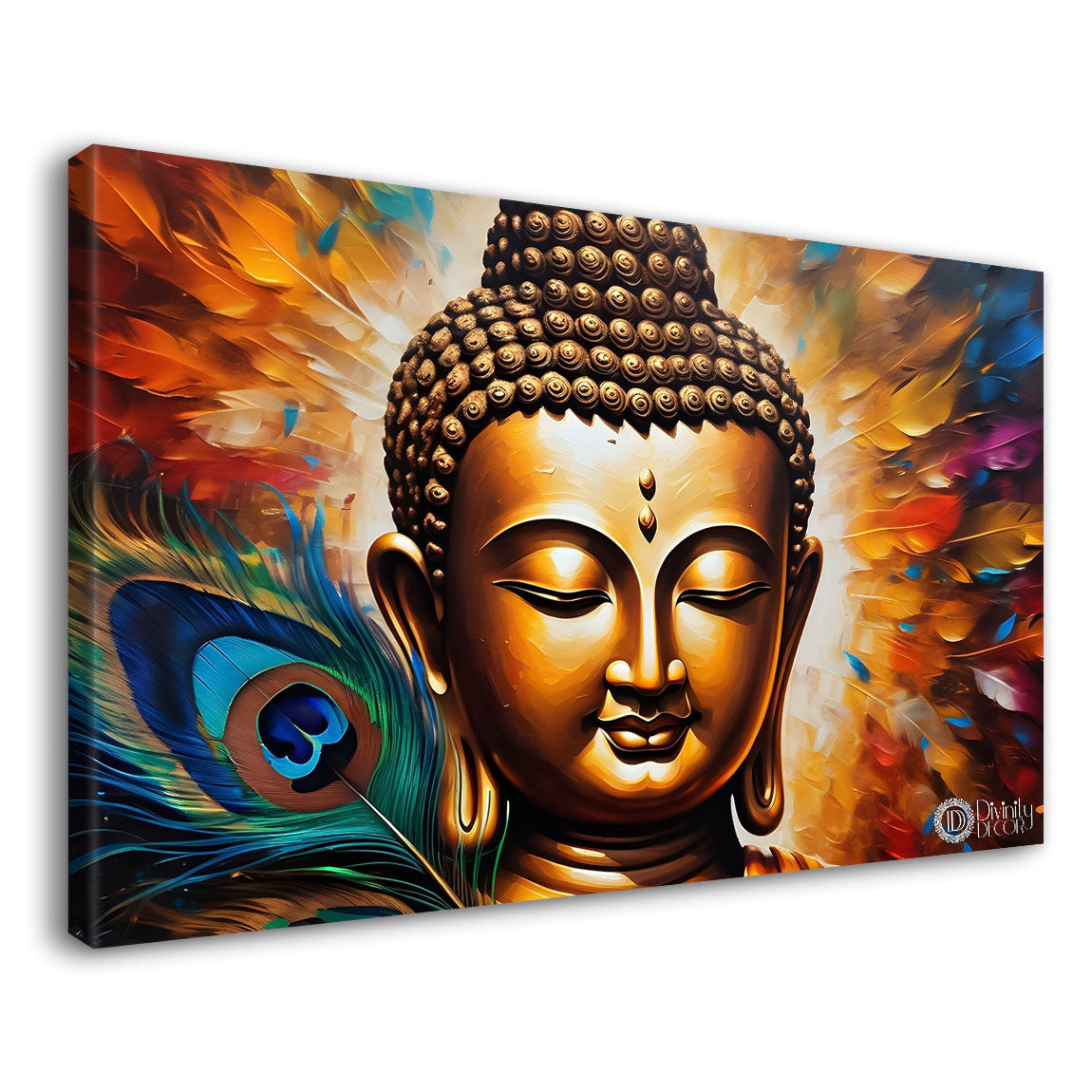 Golden buddha with peacock feather and orange textured background painting Canvas Wall Painting - Buddha-373