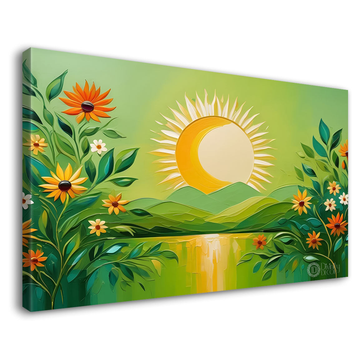 Yellow flowers with sunset and green background canvas painting- Flower-373