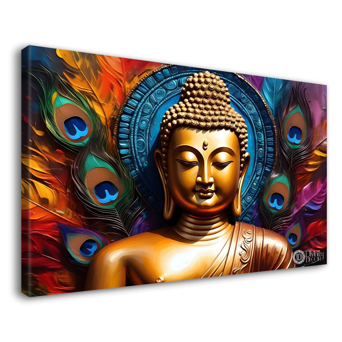 Golden buddha with peacock feather and orange textured background painting Canvas Wall Painting - Buddha-374