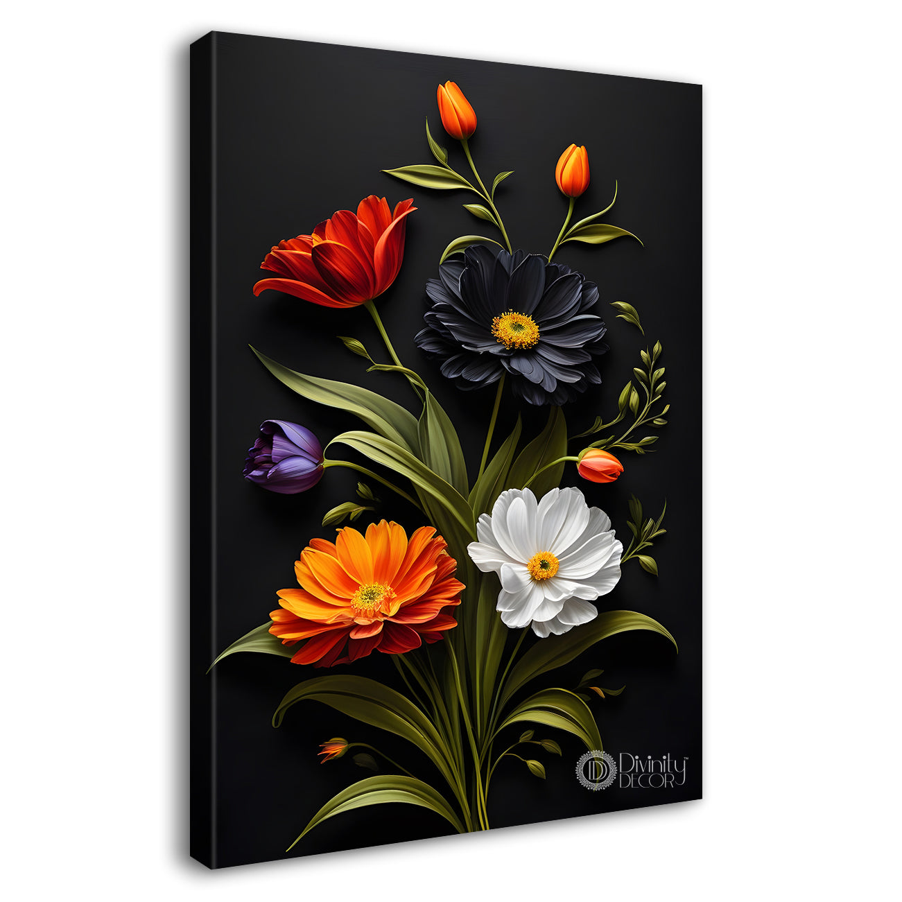 Colourful lowers in dark textured background painting- Flower-V-374