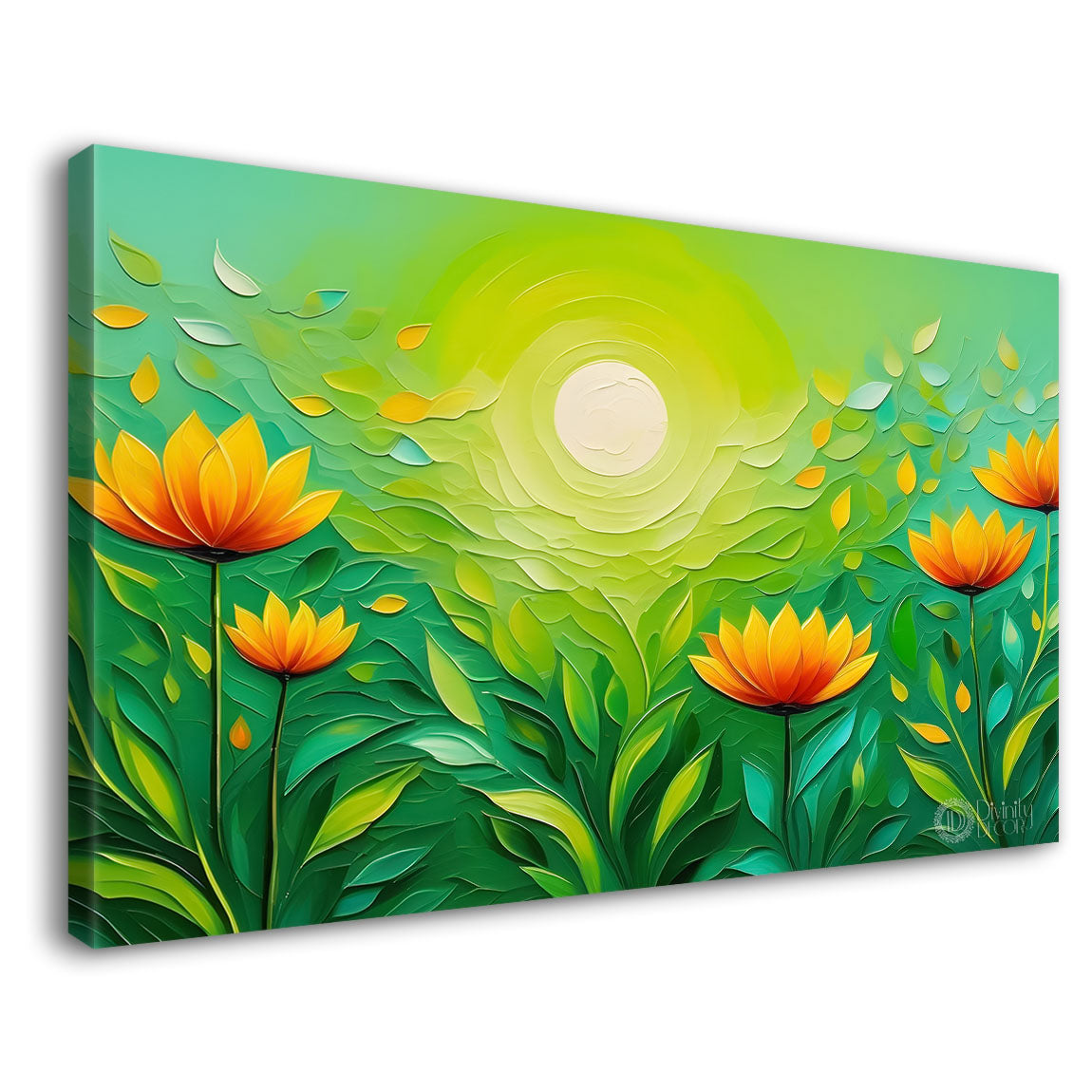 Yellow flowers with sunset and green background canvas painting- Flower-374
