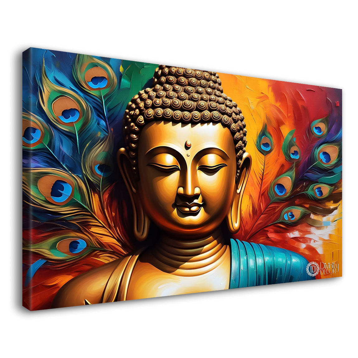 Golden buddha with peacock feather and orange textured background painting Canvas Wall Painting - Buddha-375