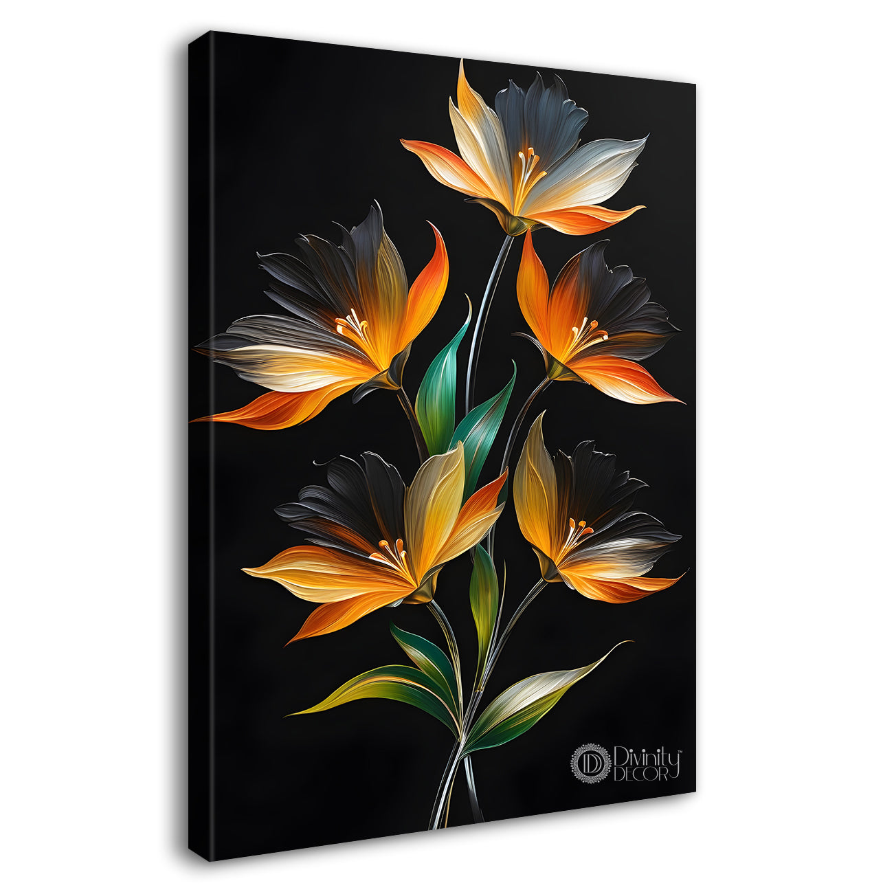 Orange flowers in dark textured background painting- Flower-V-375