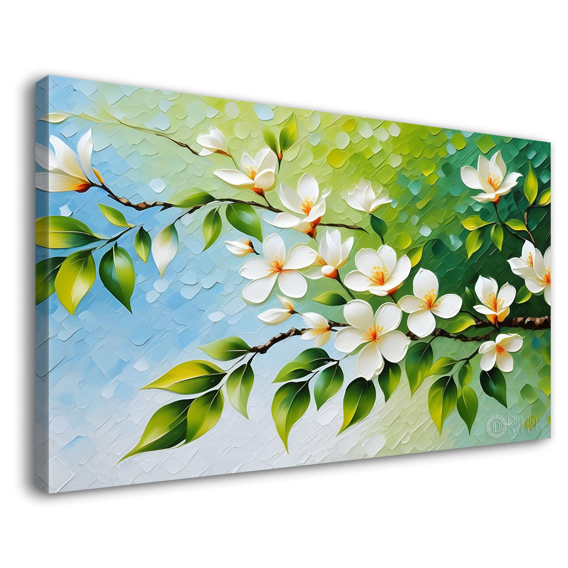 White flowers in blue background canvas painting- Flower-375