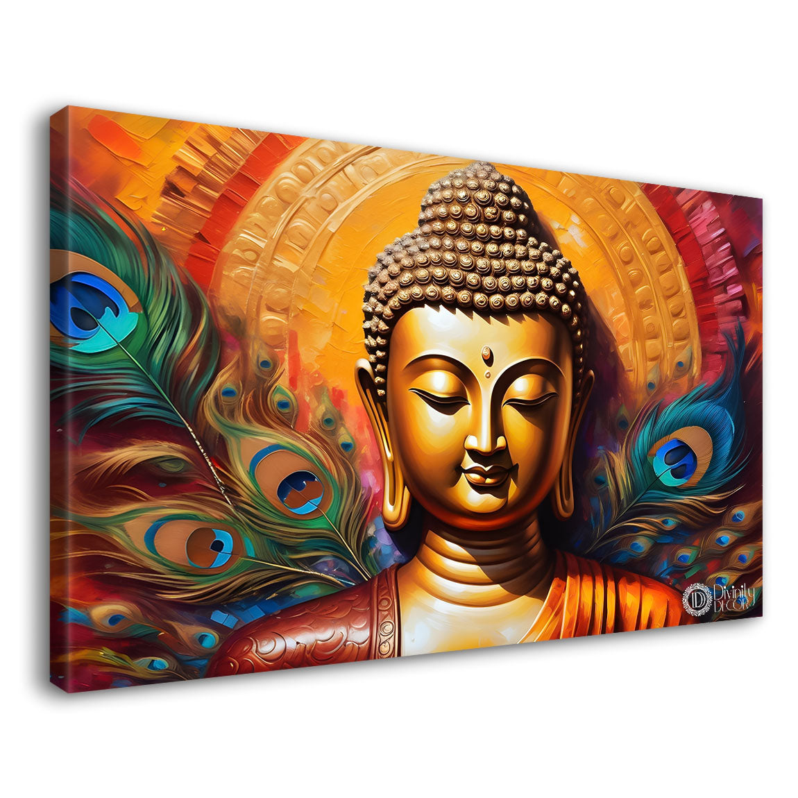 Golden buddha with peacock feather and orange textured background painting Canvas Wall Painting - Buddha-376