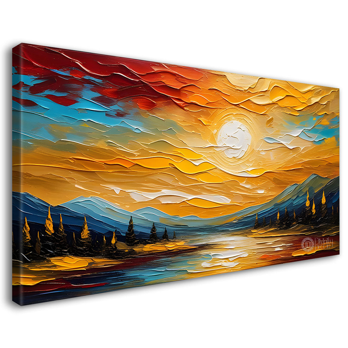 Mountains with sun in textured painting Canvas Painting - Nature Art -376