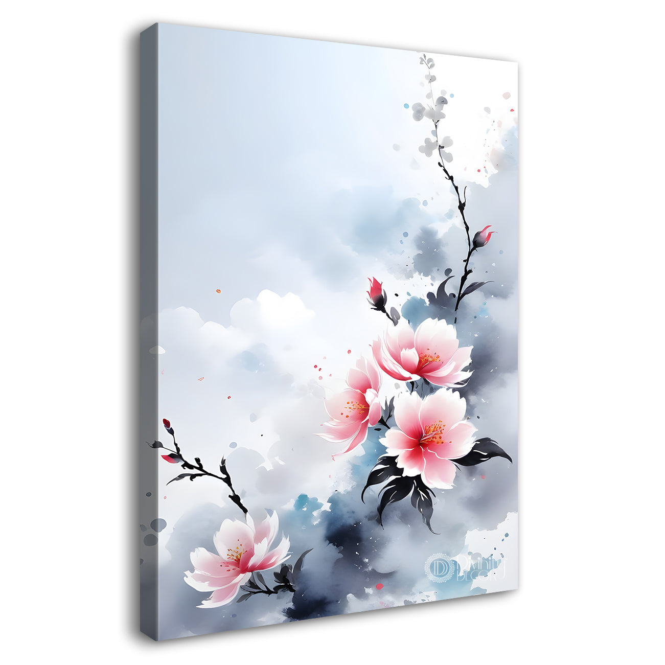 Pink flowers in sky blue textured background painting- Flower-V-376