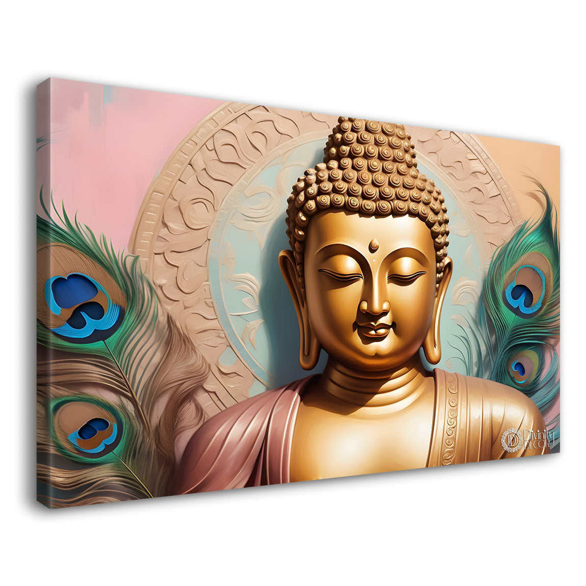 Golden buddha with peacock feather and light textured background painting Canvas Wall Painting - Buddha-377