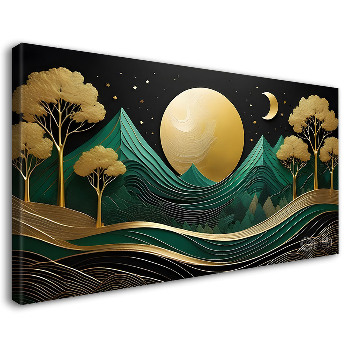 Green mountains with golden moon and trees Canvas Painting - Nature Art -377