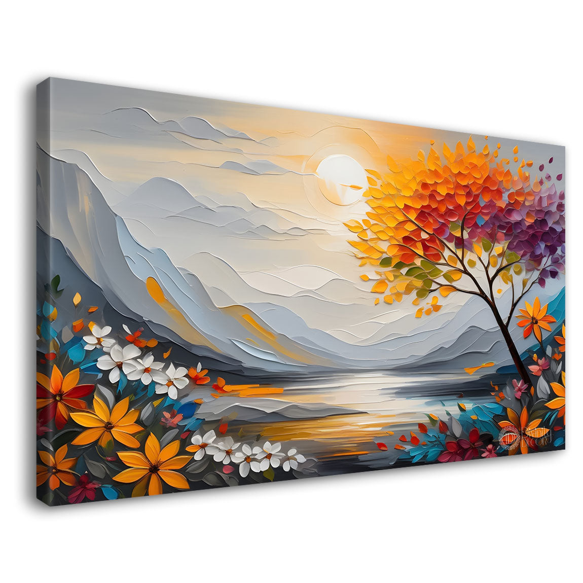 Orange tree with grey mountains and colorful flowers textured painting canvas painting- Flower-377