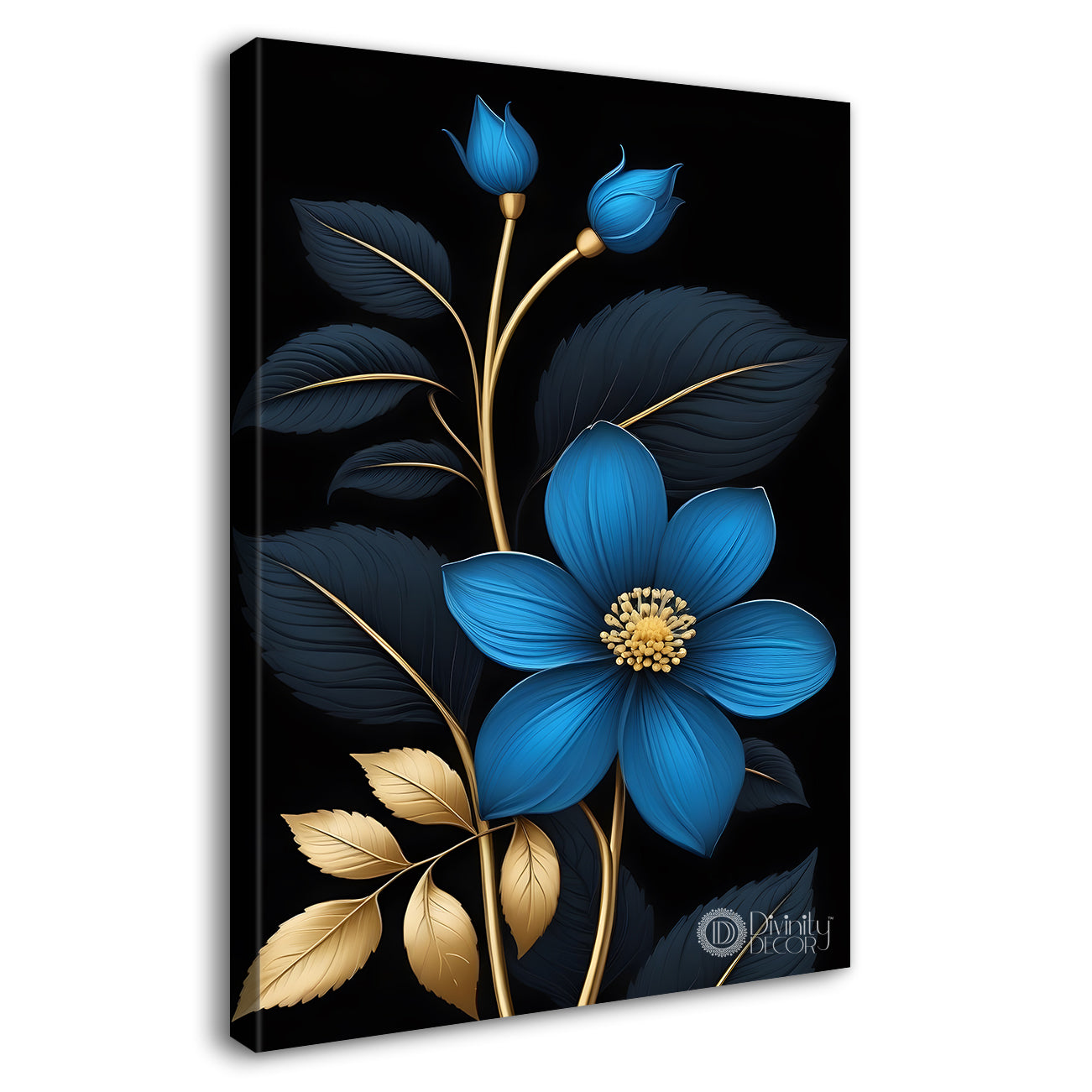 Blue flower in black textured painting- Flower-V-377