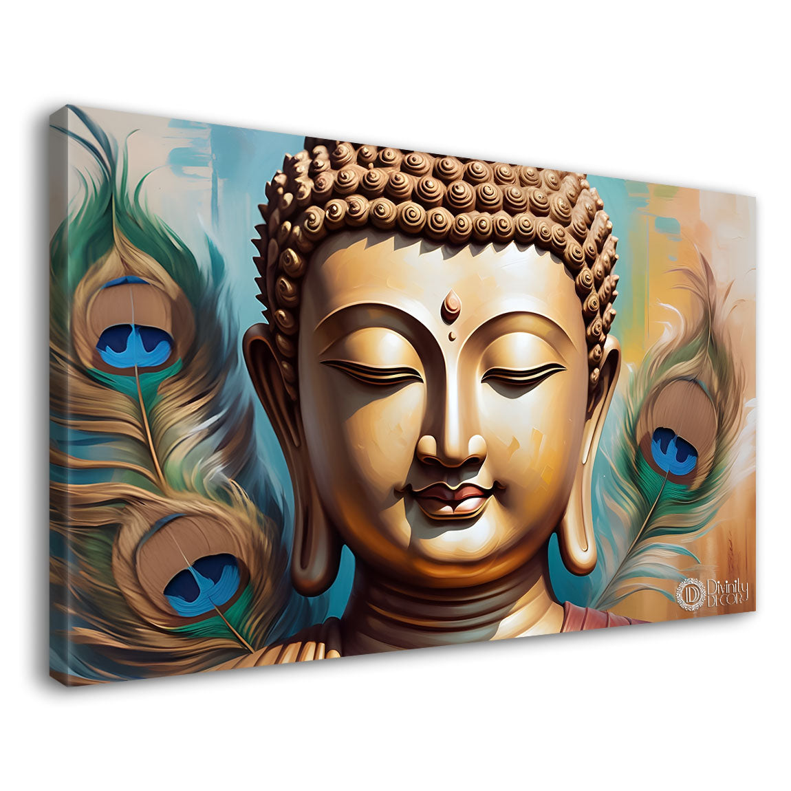 Golden buddha with peacock feather and light textured background painting Canvas Wall Painting - Buddha-378