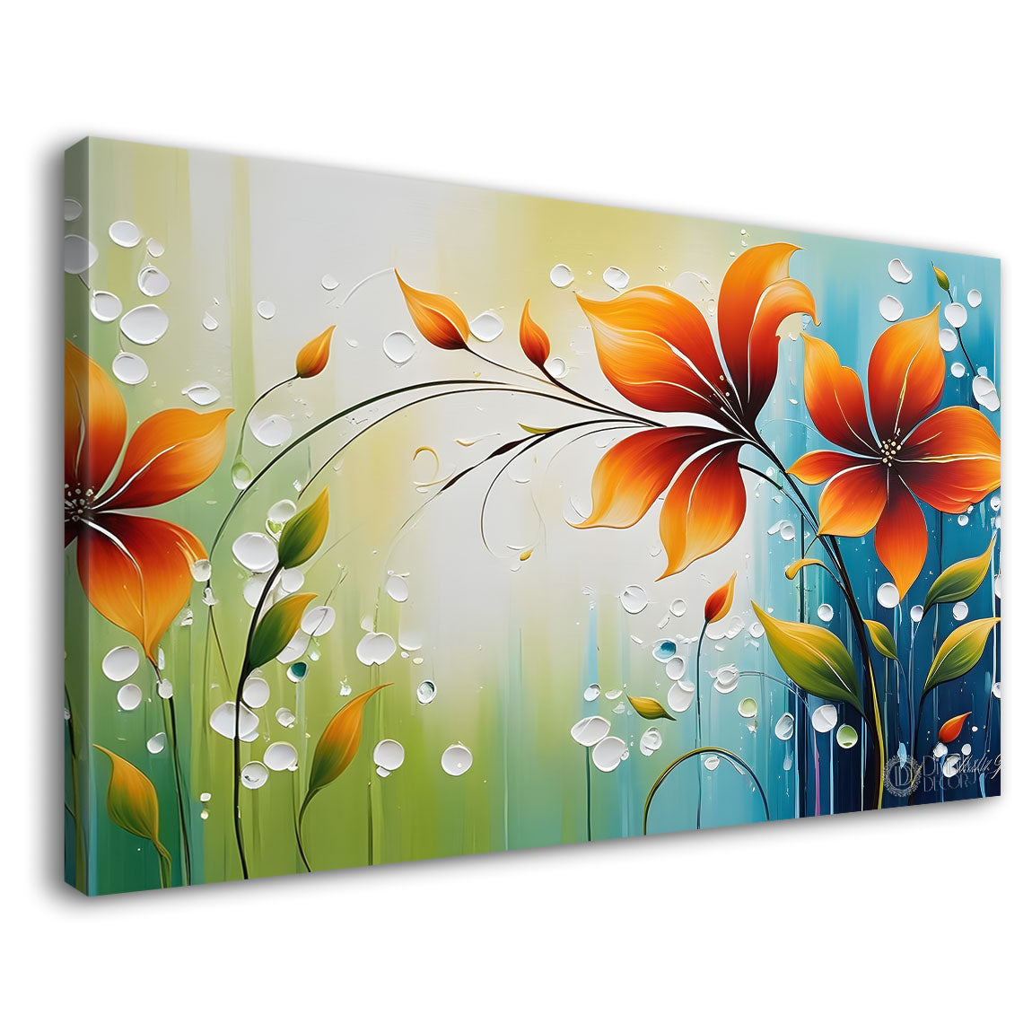Orange flowers in blue background canvas painting- Flower-378
