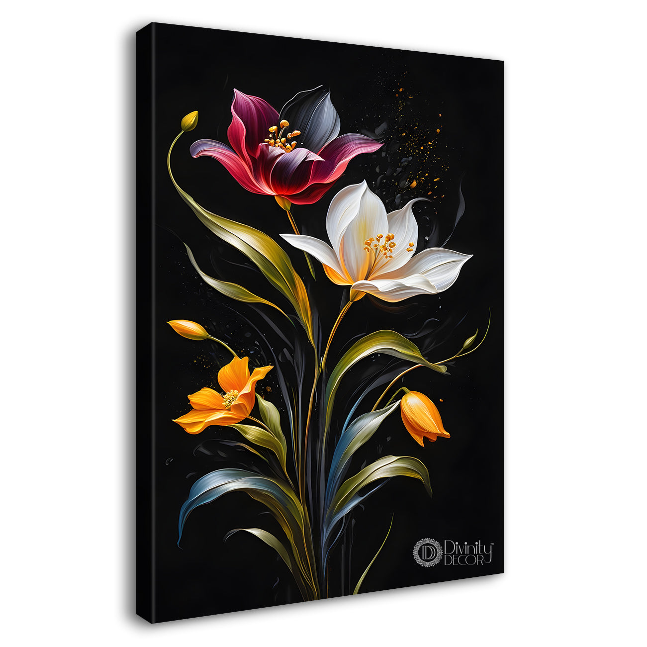 Colourful flowers in black textured background painting- Flower-V-378